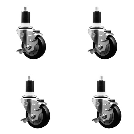 Service Caster 3.5'' SS Black Poly Swivel 1-1/2'' Expanding Stem Caster Set with Brake, 4PK SCC-SSEX20S3514-PPUB-BLK-TLB-112-4